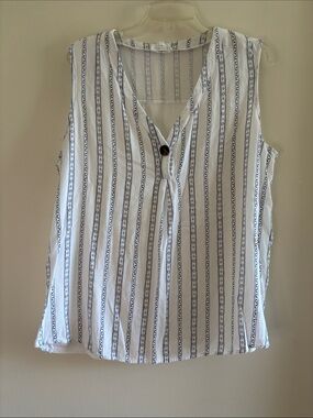 Sleeveless Striped V-Neck Button Cotton Sz 1X